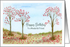 Happy Birthday Friend Autumn Red Trees Leaves Birds Sky Illustration card