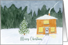 Merry Christmas General Evergreen Tree House Snow Landscape Painting card