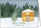 Merry Christmas Friend Evergreen Tree House Snow Landscape Painting card