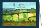 Happy Birthday Friend Houses Landscape Fields Mountains Illustration card