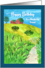 Happy Birthday Friend Houses Landscape Creek Wildflowers Illustration card