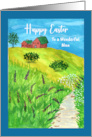 Happy Easter For Him Houses Landscape Creek Wildflowers Watercolor card