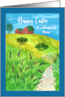 Happy Easter Niece Houses Landscape Creek Wildflowers Watercolor Art card