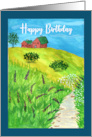 Happy Birthday General Houses Landscape Creek Sky Wildflowers Painting card