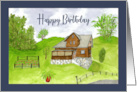 Happy Birthday General House Landscape Garden Trees Farm Watercolor card