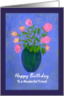 Happy Birthday Friend Pink Flowers Floral Botanical Teal Vase Painting card