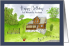 Happy Birthday Husband House Landscape Farm Garden Trees Watercolor card