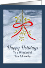 Happy Holidays Son and Family Mistletoe Berries Red Ribbon Watercolor card