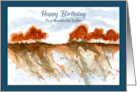 Happy Birthday Sister Red Trees Landscape Sky Hillside Watercolor Art card
