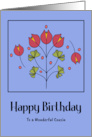 Happy Birthday Cousin Red Flowers Floral Botanical Leaves Folk Art card
