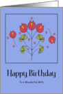 Happy Birthday Wife Red Flowers Floral Botanical Leaves Folk Art card