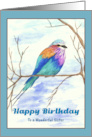 Happy Birthday Sister Lilac Breasted Roller Bird on Branch Watercolor card