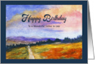 Happy Birthday Father in Law Landscape Man Dog Mountains Watercolor card