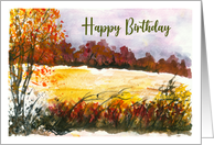Happy Birthday General Autumn Fall Trees Meadow Landscape Art Painting card