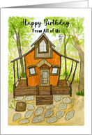Happy Birthday From All Group Cabin House Trees Watercolor Painting card