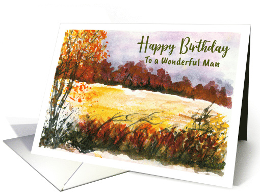 Happy Birthday Man Autumn Fall Trees Meadow Landscape Painting card