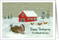 Happy Thanksgiving Son Snowy Barnyard Turkey Red Barn Farm Painting card