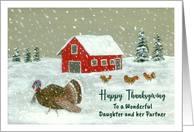 Happy Thanksgiving Daughter & Partner Snowy Barnyard Turkey Painting card