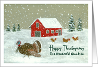 Happy Thanksgiving Grandson Snowy Barnyard Turkey Farm Barn Painting card