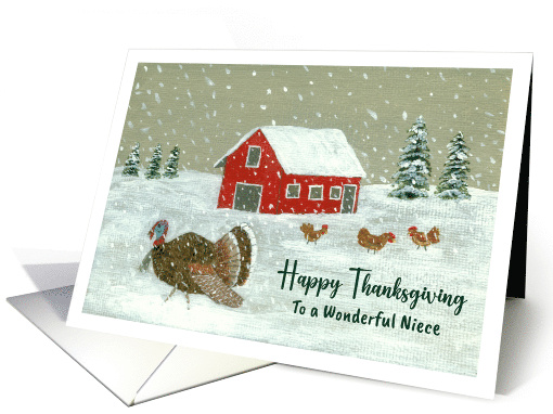 Happy Thanksgiving Niece Snowy Barnyard Turkey Farm Red... (1794766)