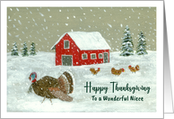 Happy Thanksgiving Niece Snowy Barnyard Turkey Farm Red Barn Painting card