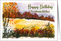 Happy Birthday Boss Autumn Fall Trees Meadow Landscape Painting Art card