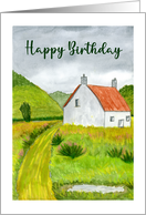 Happy Birthday Country Cottage Mountains Watercolor Landscape Painting card