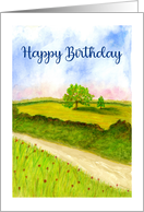 Happy Birthday Country Road Pasture Tree Watercolor Landscape Painting card