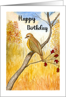 Happy Birthday Autumn Bird Branch Leaves Watercolor Landscape Painting card
