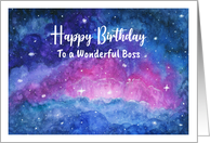 Happy Birthday Boss Clouds Stars Outer Space Watercolor Painting Art card