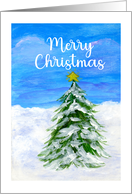 Merry Christmas Winter Evergreen Tree Star Snow Landscape Painting card