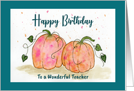 Happy Birthday Teacher Pumpkin Patch Autumn Fall Watercolor Painting card