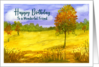 Happy Birthday Friend Autumn Fall Trees Clouds Landscape Art Painting card