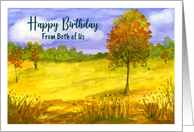 Happy Birthday From Couple Autumn Fall Trees Clouds Landscape Painting card
