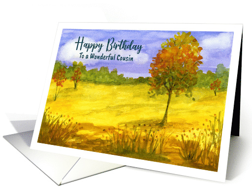 Happy Birthday Cousin Autumn Fall Trees Clouds Landscape Painting card
