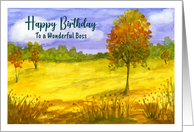Happy Birthday Boss Autumn Fall Trees Clouds Landscape Art Painting card