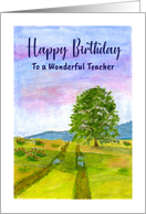 Happy Birthday Teacher Clouds Sunrise Tree Field Landscape Painting card