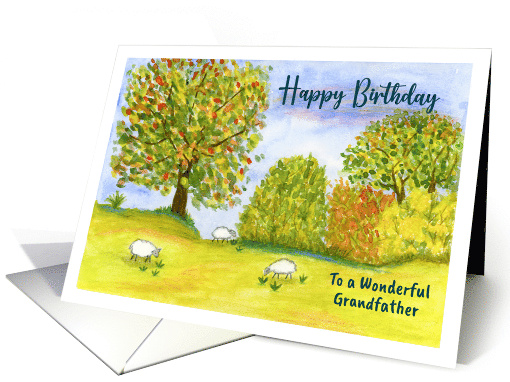 Happy Birthday Grandfather Autumn Meadow Sheep Landscape Painting card