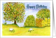 Happy Birthday General Autumn Meadow Sheep Trees Landscape Painting card