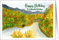 Happy Birthday For Him Mountain Trees Autumn Fall Landscape Painting card