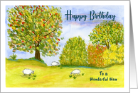 Happy Birthday For Him Autumn Meadow Sheep Tree Landscape Painting card