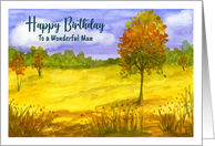 Happy Birthday For Him Autumn Fall Trees Clouds Landscape Painting card
