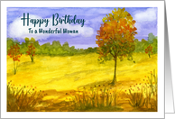 Happy Birthday For Her Autumn Fall Trees Clouds Landscape Painting card