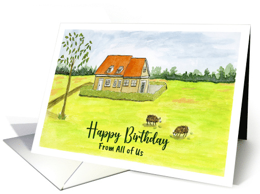 Happy Birthday From Group Farmhouse Farm Sheep Landscape Painting card