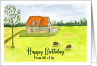 Happy Birthday From Group Farmhouse Farm Sheep Landscape Painting card