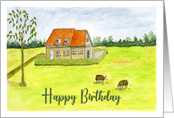 Happy Birthday General Farmhouse Farm Sheep Grazing Landscape Painting card