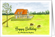 Happy Birthday Nephew Farmhouse Farm Sheep Grazing Landscape Painting card