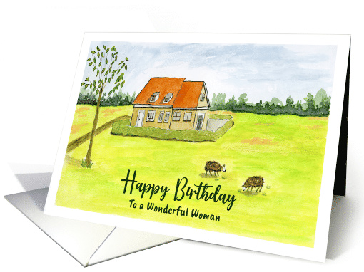 Happy Birthday for Her Farmhouse Farm Sheep Grazing Trees... (1803104)