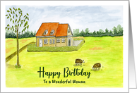 Happy Birthday for Her Farmhouse Farm Sheep Grazing Trees Painting card