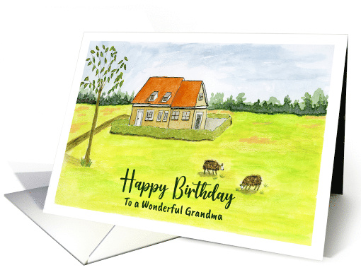 Happy Birthday Grandma Farmhouse Farm Sheep Grazing Trees... (1803114)
